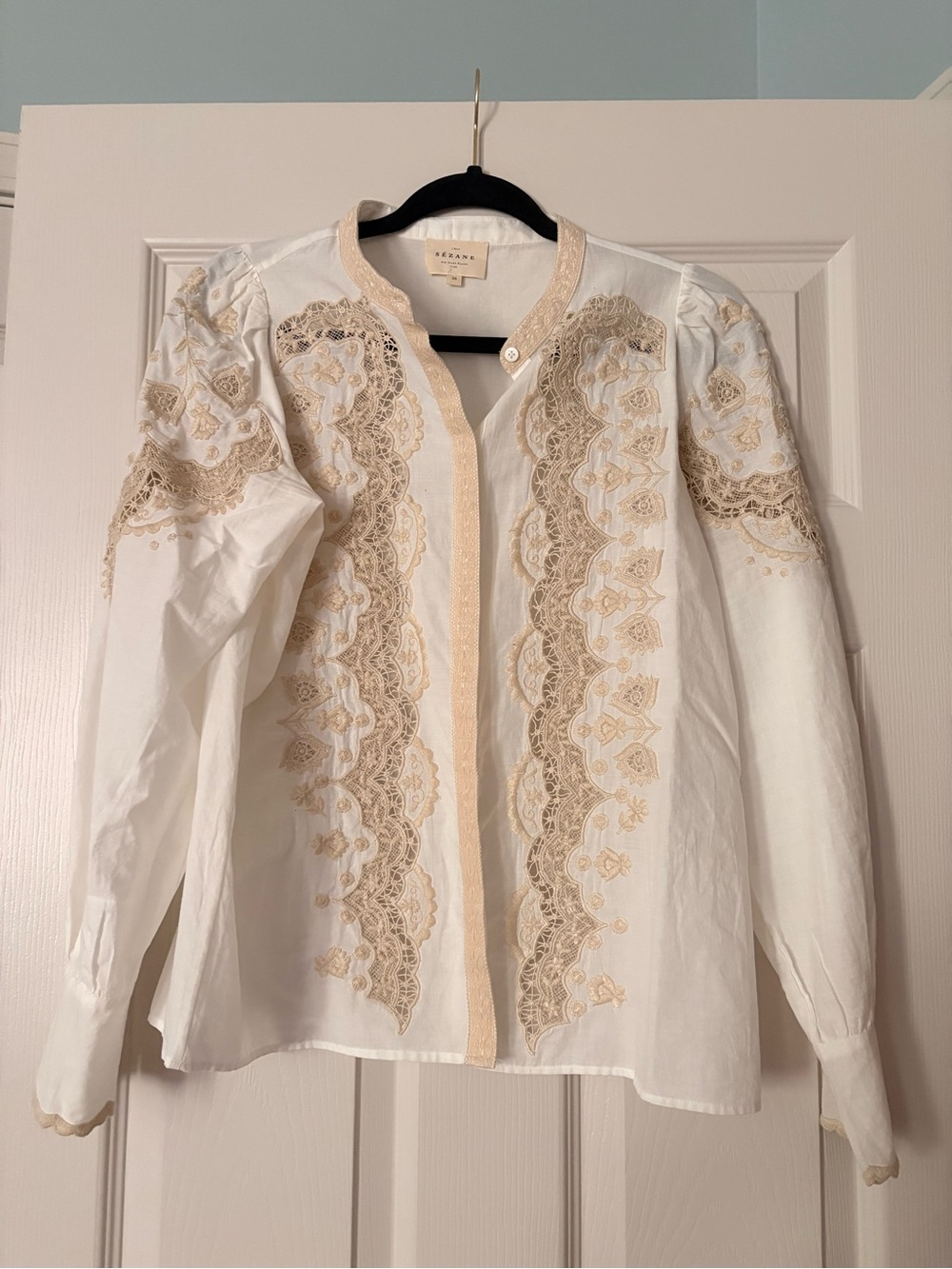 Sezane White Cotton Blouse with Beige Lace Embroidery